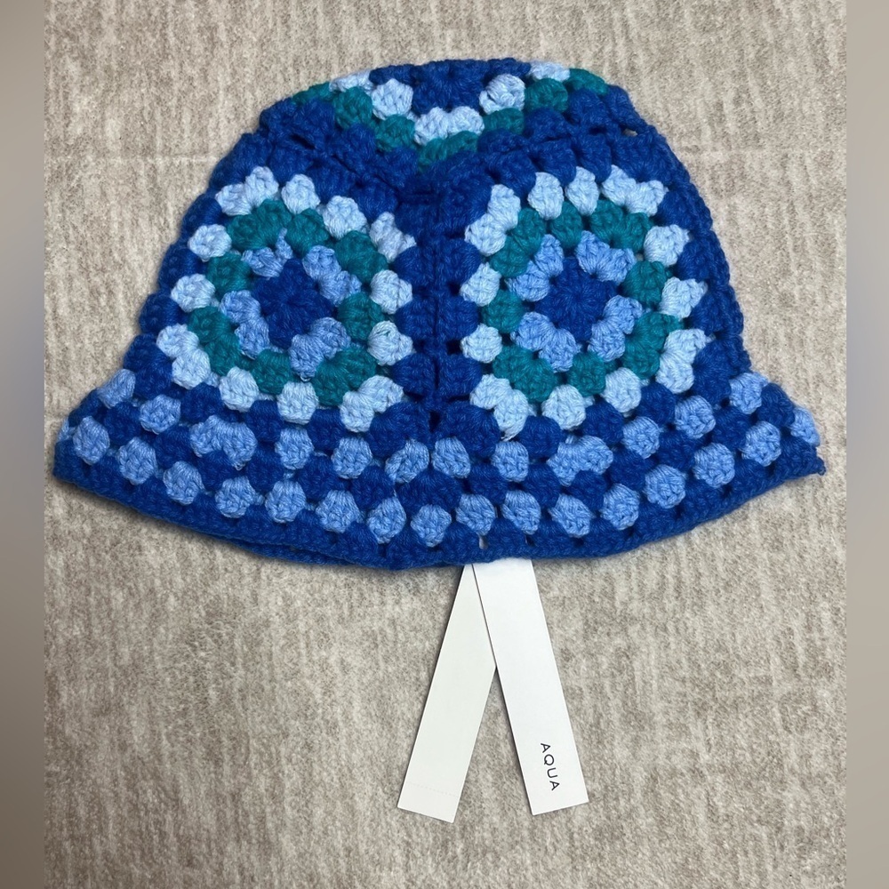 NWT Aqua Granny square Crochet chunky knit Bucket beach Hat blue spring